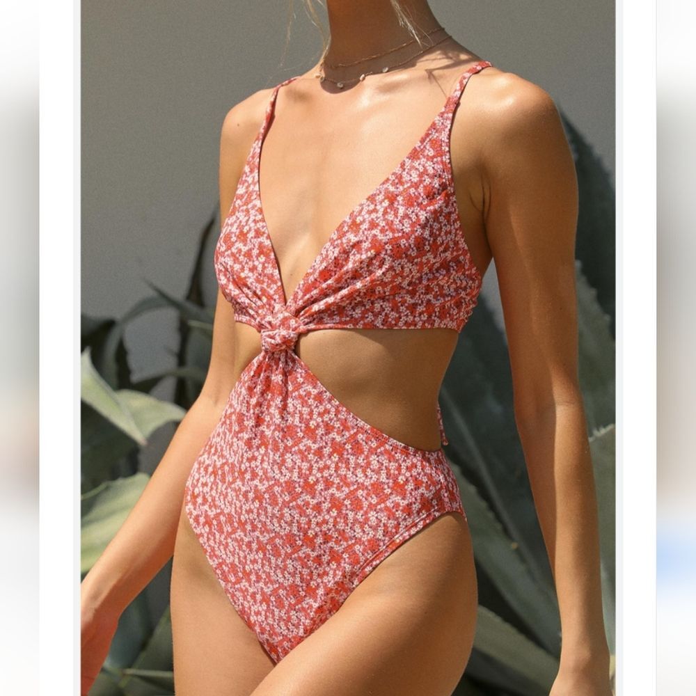 Tie-Front Floral One-Piece Swimsuit - Coral Pink